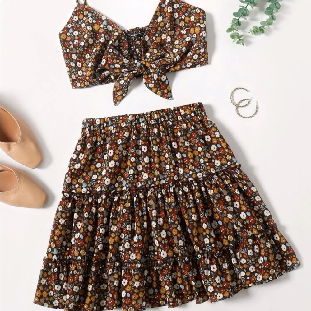 NWOT SHEIN Tie Front Floral Cami Top and Layered Skirt